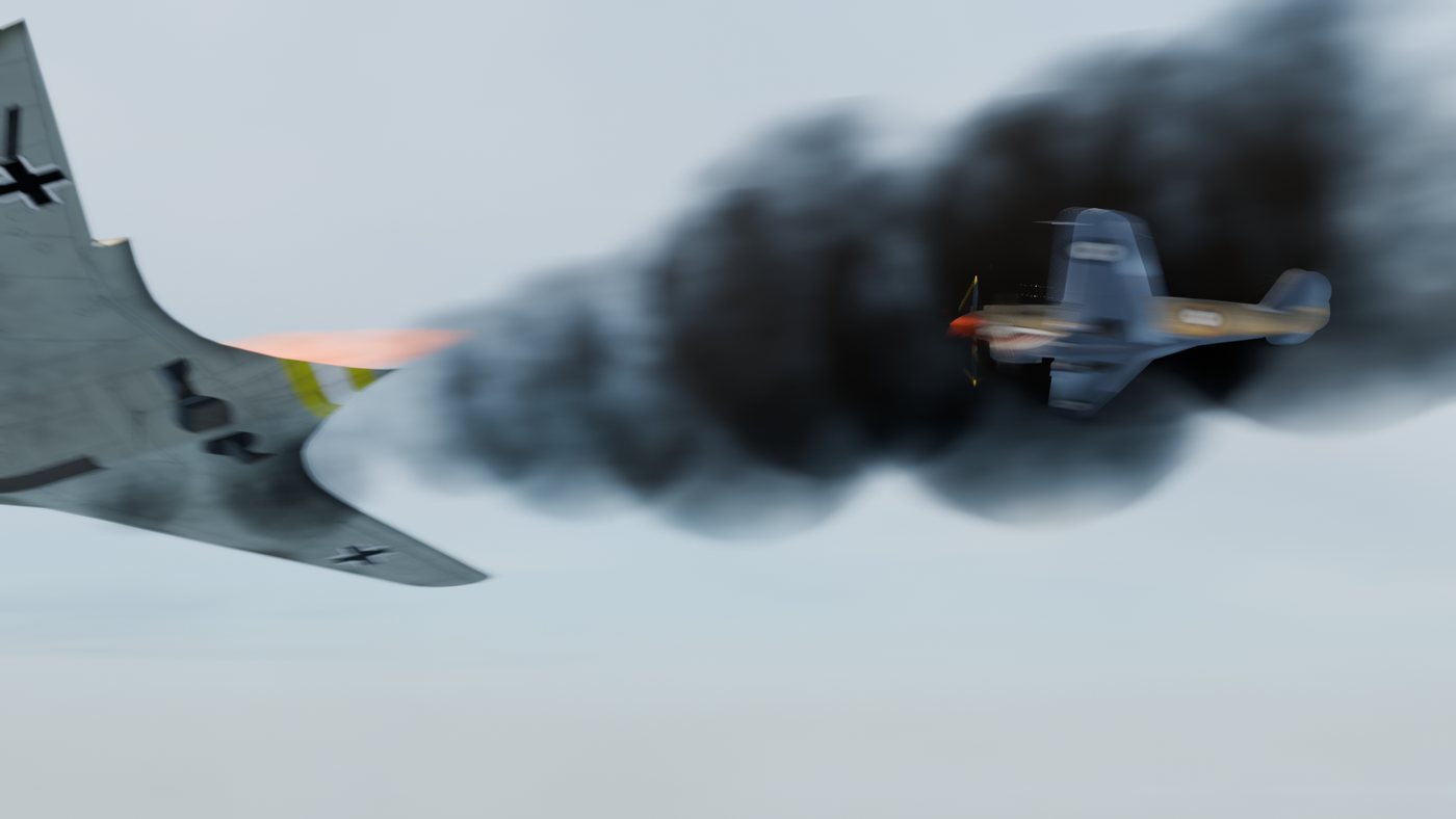 Two aircraft in a Blender dogfight test scene with smoke and motion blur