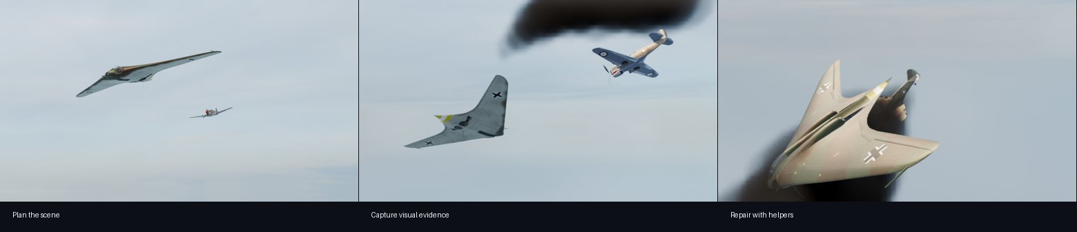 Three frames showing planning, visual evidence, and repair in the Egypt dogfight workflow